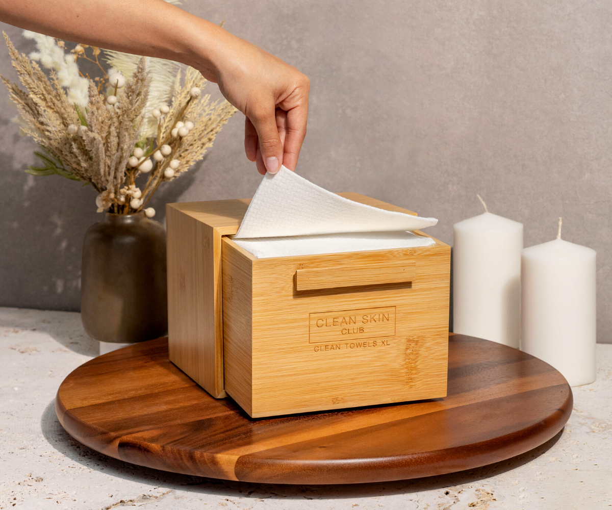 Luxe Bamboo Box with Drawer with 50 Clean Skin Club Towels XL