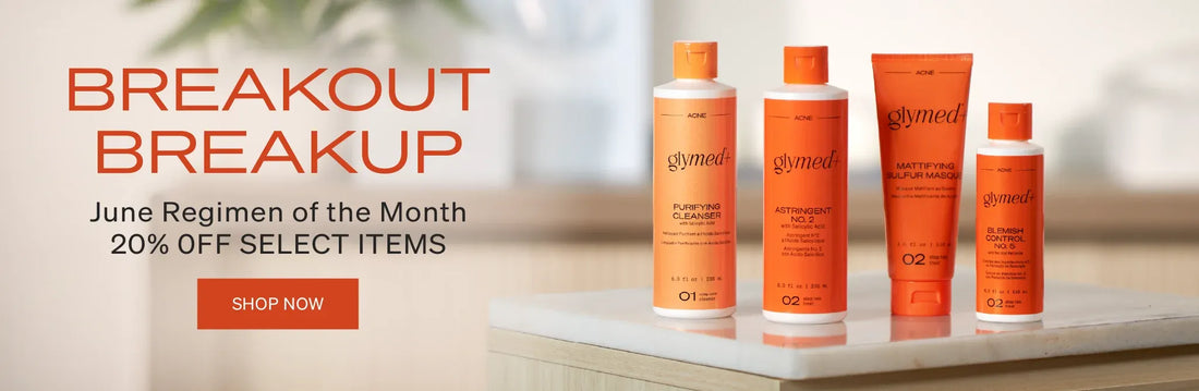 GlyMed+ acne skincare sale featuring Blemish Control No. 5, Purifying Cleanser, Mattifying Sulfur Masque, and Astringent No. 2 with 20% off during June.