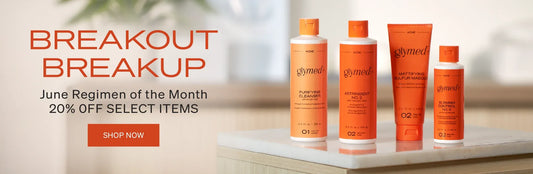 GlyMed+ acne skincare sale featuring Blemish Control No. 5, Purifying Cleanser, Mattifying Sulfur Masque, and Astringent No. 2 with 20% off during June.