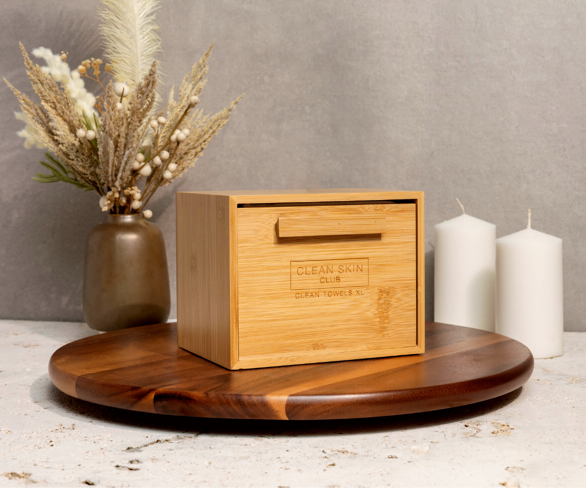Luxe Bamboo Box with Drawer with 50 Clean Skin Club Towels XL